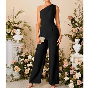 One Shoulder Black Elegant Jumpsuit High Waisted Long Culottes Pants